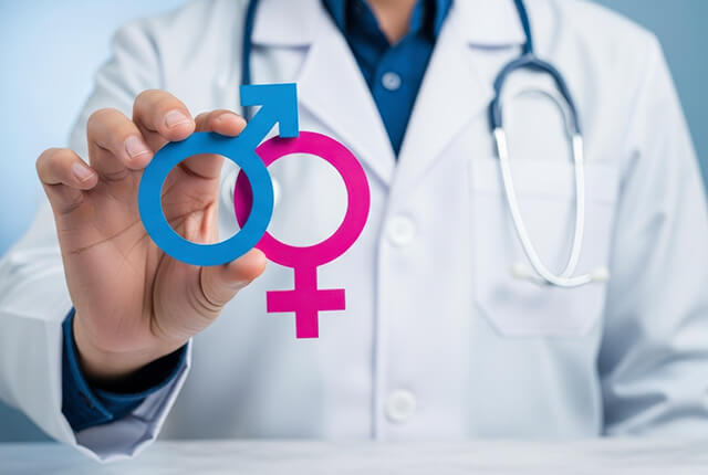 性別マークを右手で持つ医師のイメージ